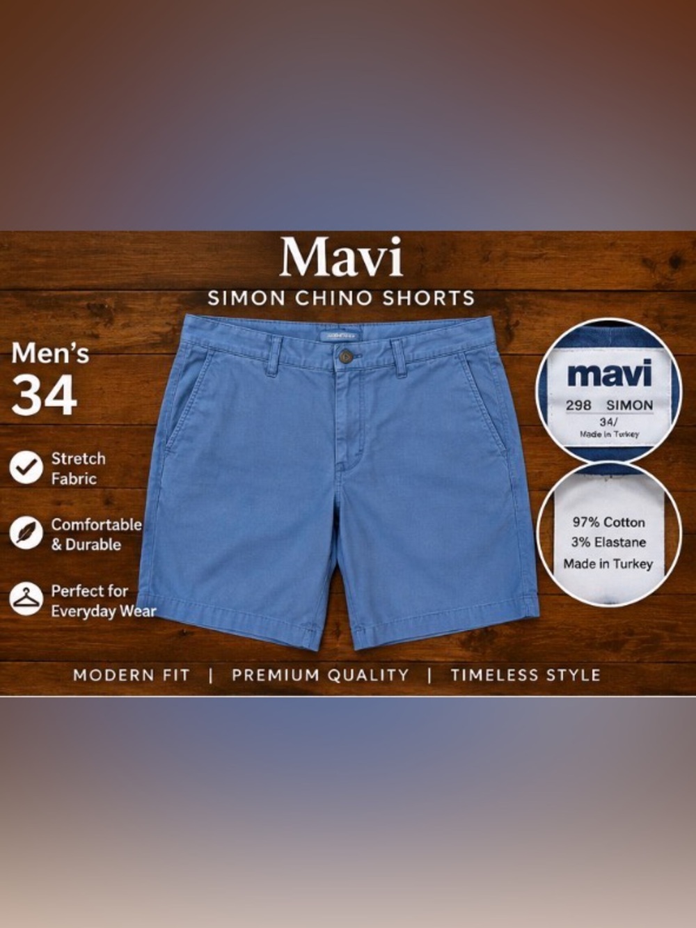 Mavi Simon Men’s 34 Blue Stretch Twill Chino Shorts 9.5”